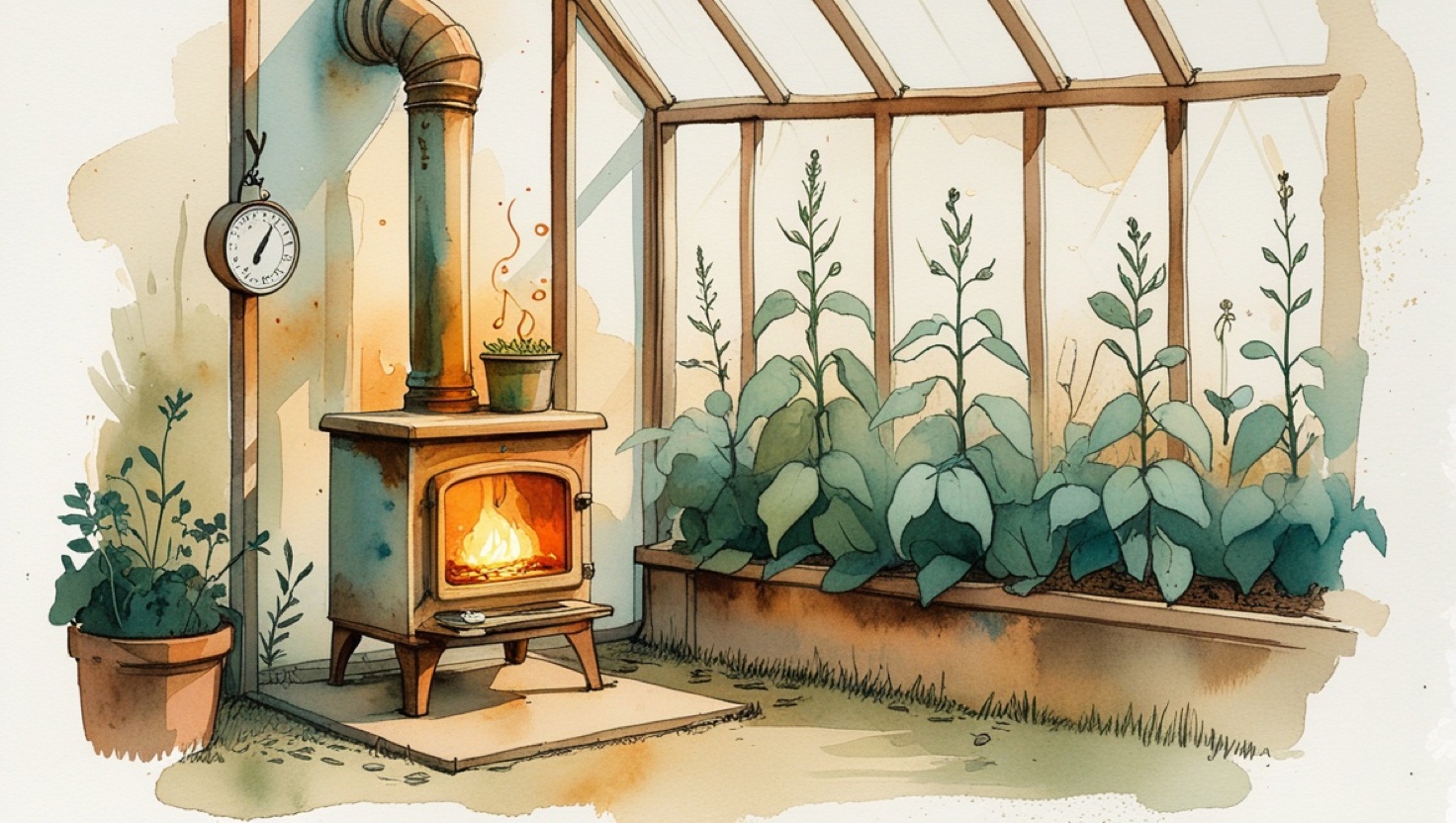Aquarell-Illustration: Ofen w&auml;rmt ein Gew&auml;chshaus voller Pflanzen, daneben ein Thermometer — Messung als Thermometer, Haltung als Heizung