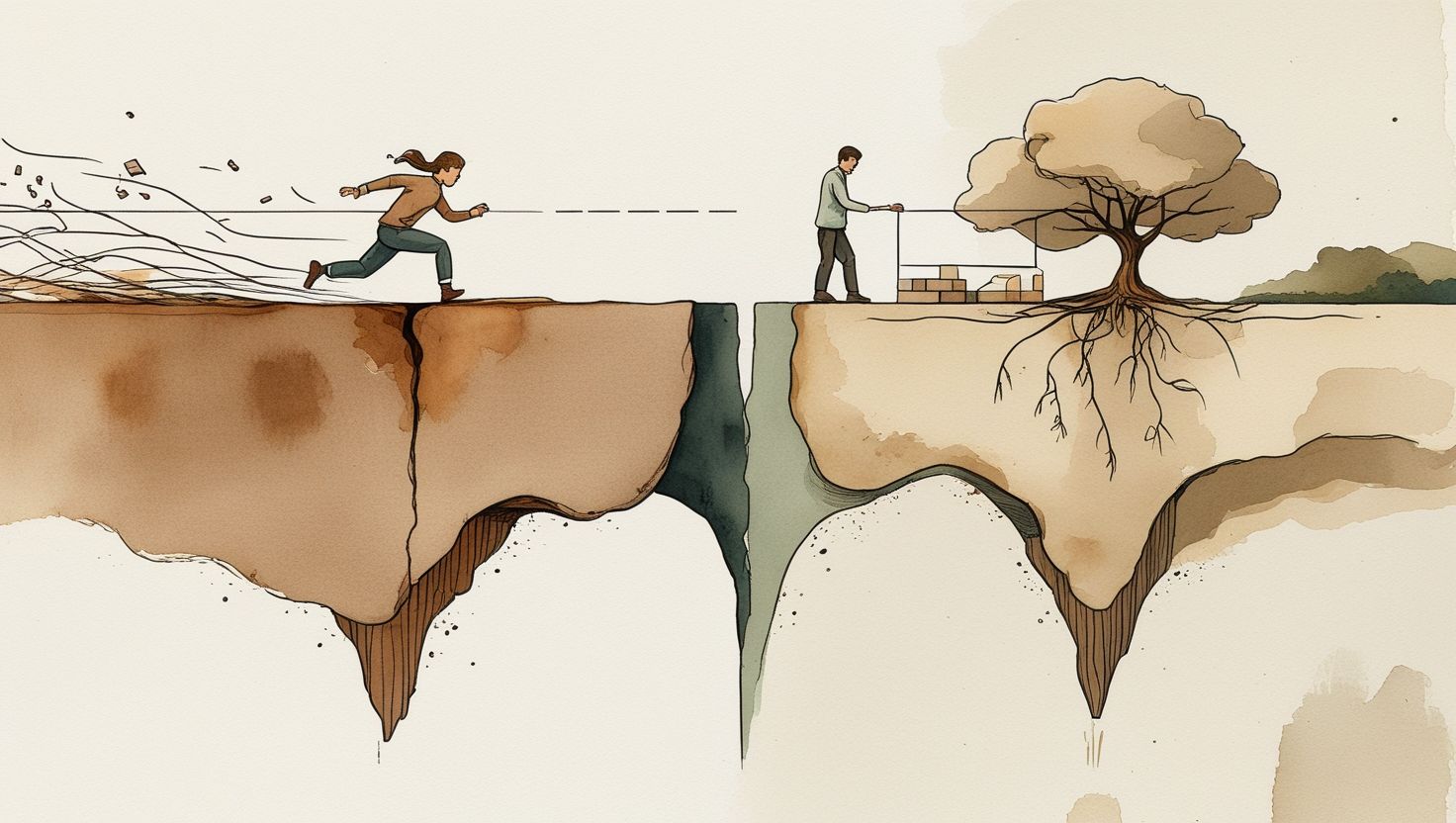 Weggabelung in einer aquarellierten Landschaft — symbolisiert die Wahl zwischen Aktionismus und Architektur