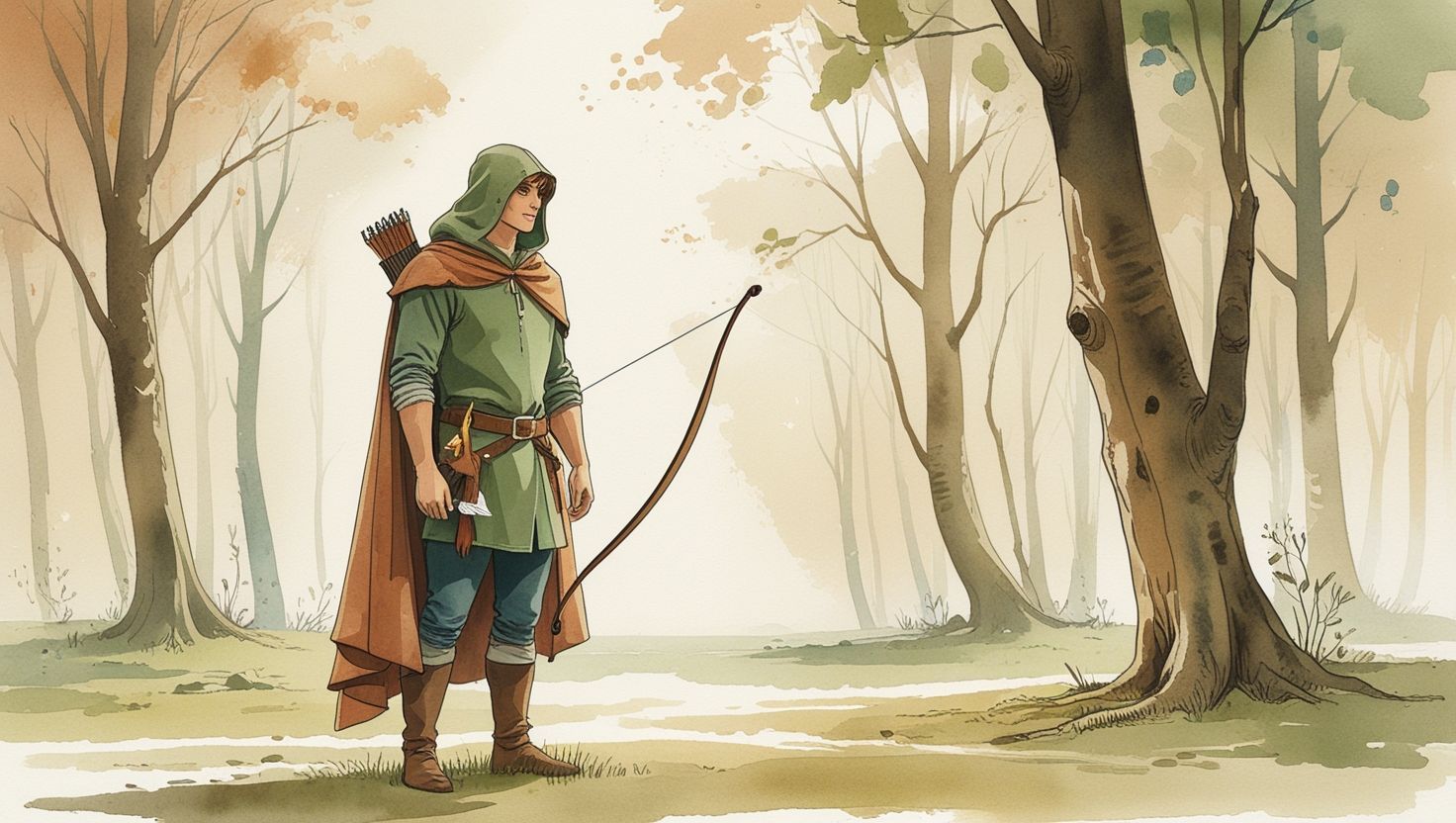 Robin Hood in einem ruhigen alten Wald — aquarellierte mittelalterliche Illustration