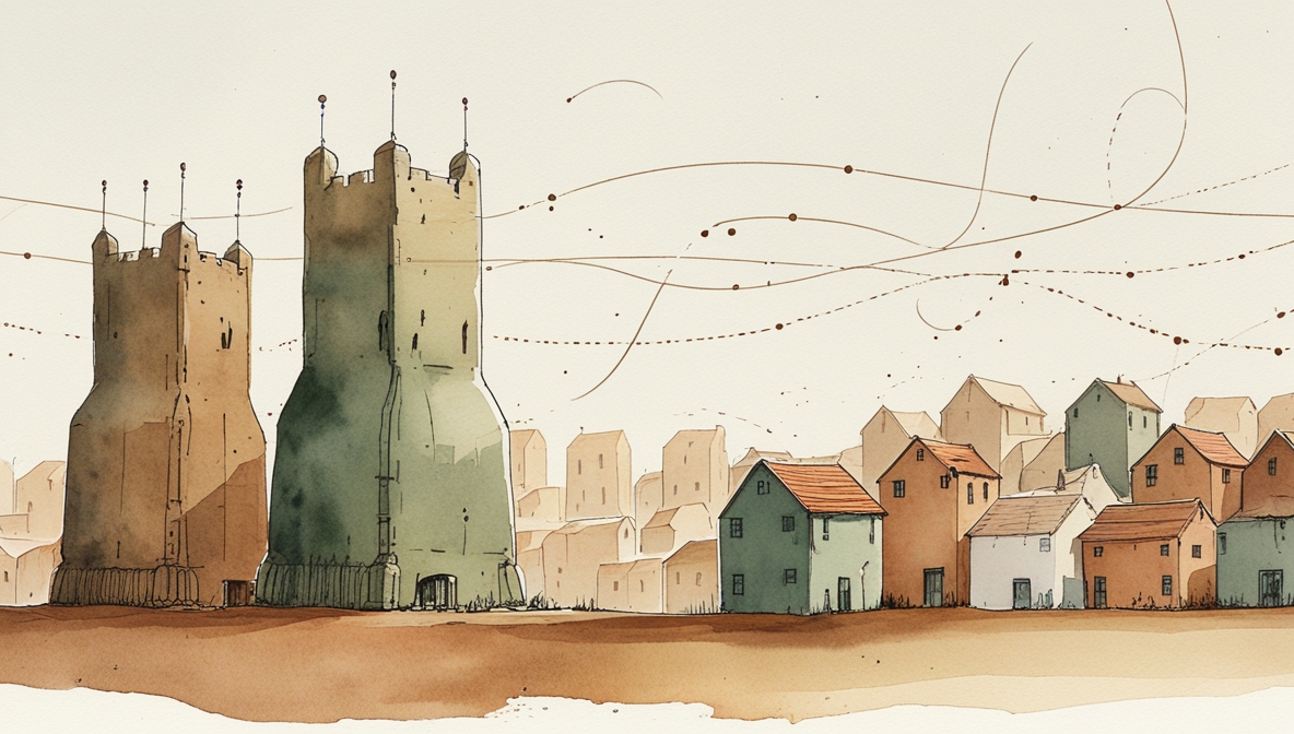 Aquarell-Landschaft mit zwei Geb&auml;udegruppen: links wenige gro&szlig;e Steinh&auml;user, rechts viele kleine verblassende Holzh&auml;user, dar&uuml;ber ein zartes Netz aus Punkten und Linien