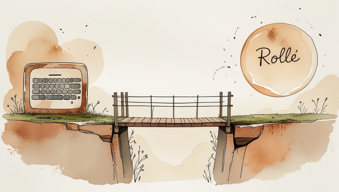 Schmale Holzbr&uuml;cke &uuml;ber einer kleinen Schlucht &mdash; diesseits eine mit Moos &uuml;berwachsene Tastatur, jenseits ein leuchtender Aquarell-Kreis mit dem Wort Rolle