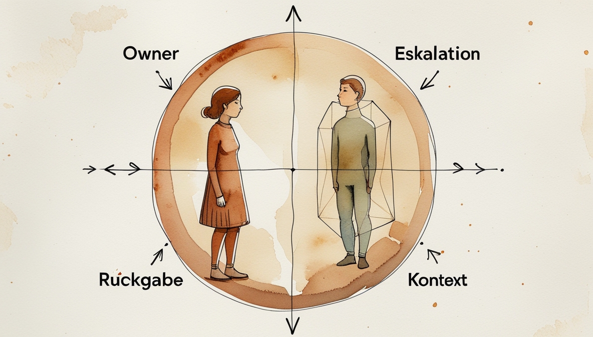 Einzelner Aquarell-Kreis mit zwei Figuren &mdash; eine menschliche Silhouette und eine abstrakte Mesh-Form &mdash; verbunden durch eine d&uuml;nne Linie, umgeben von den Begriffen Owner, Eskalation, R&uuml;ckgabe, Kontext