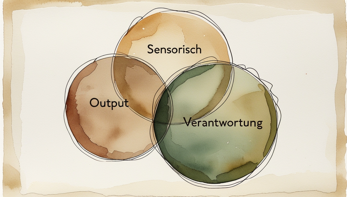 Drei &uuml;berlappende Aquarell-Kreise unterschiedlicher Gr&ouml;&szlig;e: oben klein und blass (Sensorisch), Mitte mittelgro&szlig; und warm (Output), unten gro&szlig; und geerdet (Verantwortung)