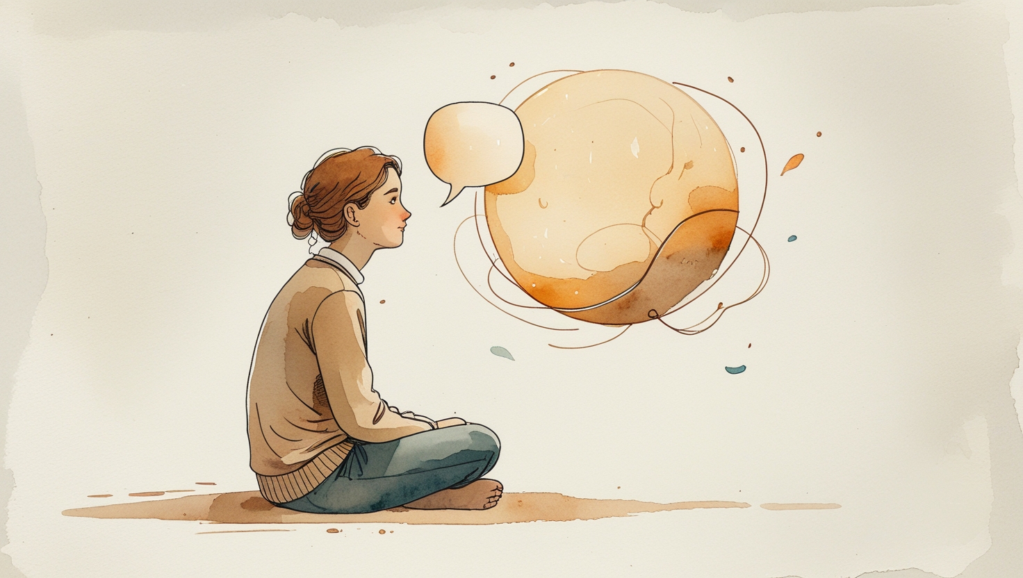 Aquarell-Illustration: Person im Seitenprofil vor einer schwebenden Sph&auml;re mit Sprechblase