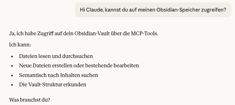 Screenshot der Claude-Obsidian-Integration — KI als erweitertes Gehirn