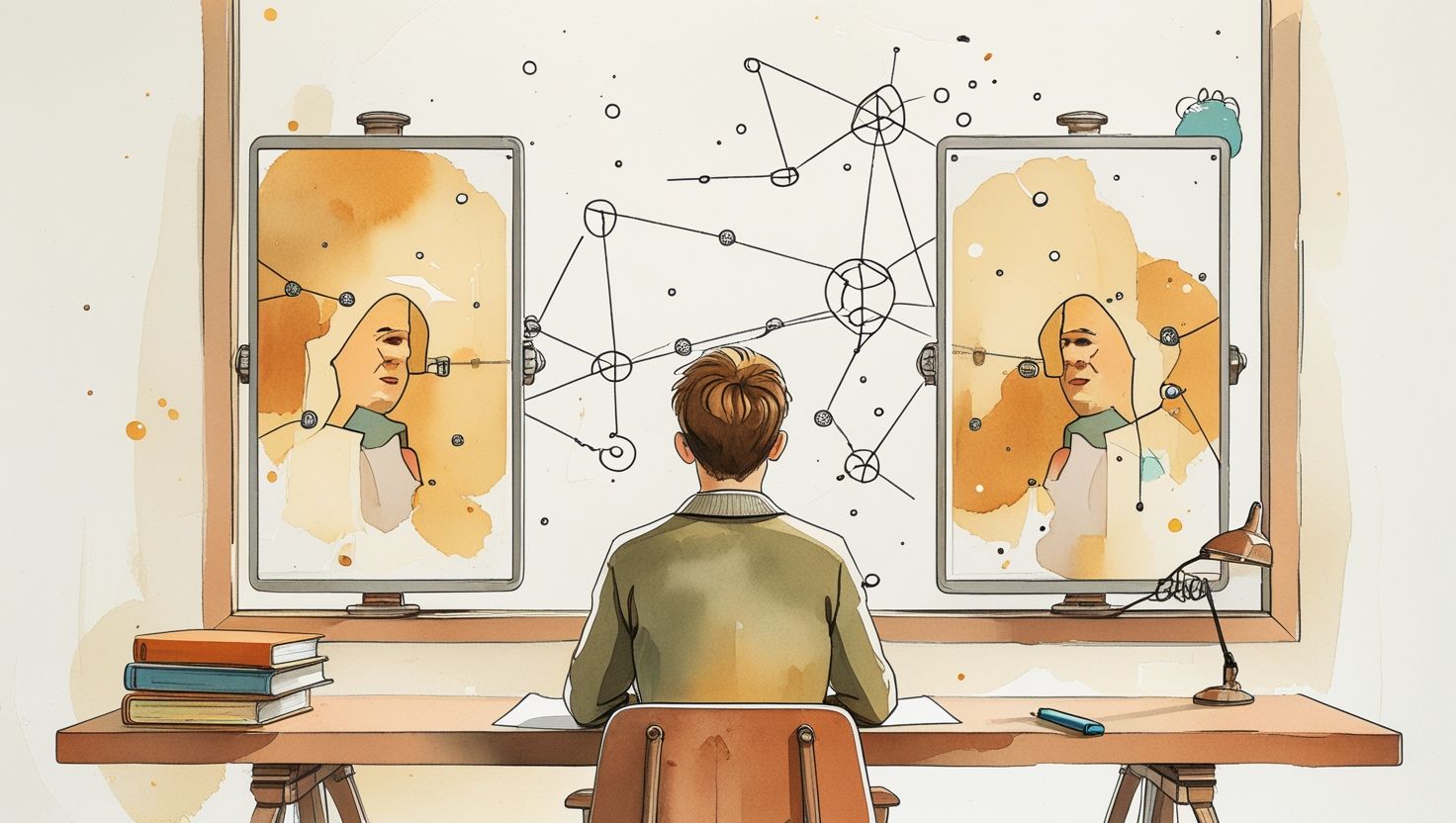 Aquarell-Illustration in warmen Tönen — symbolisiert das Zusammenspiel von Mensch und KI