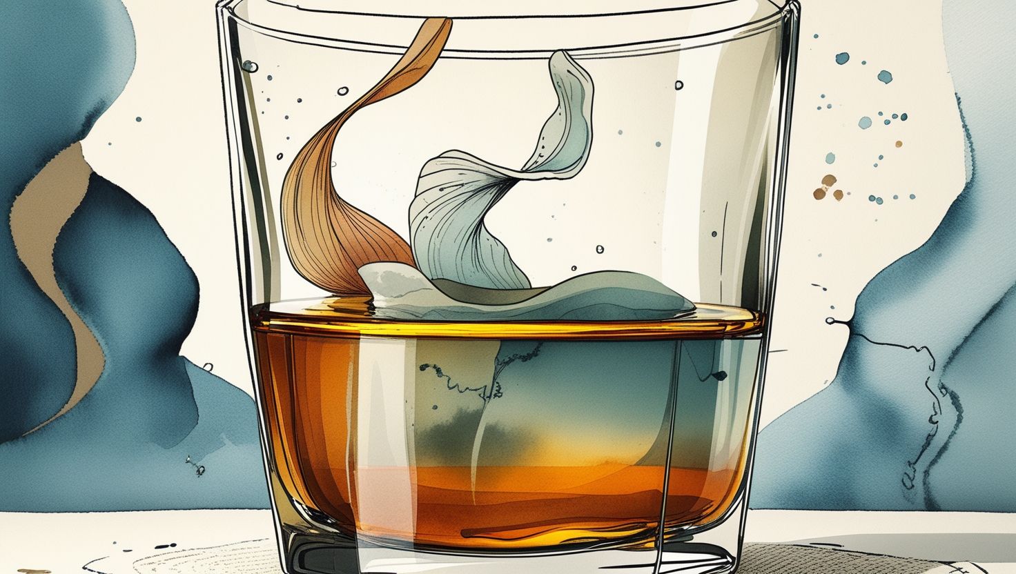 Whiskeylas in aquarellierter Tinten-Illustration — Stimmungsbild zur Fragenkunst