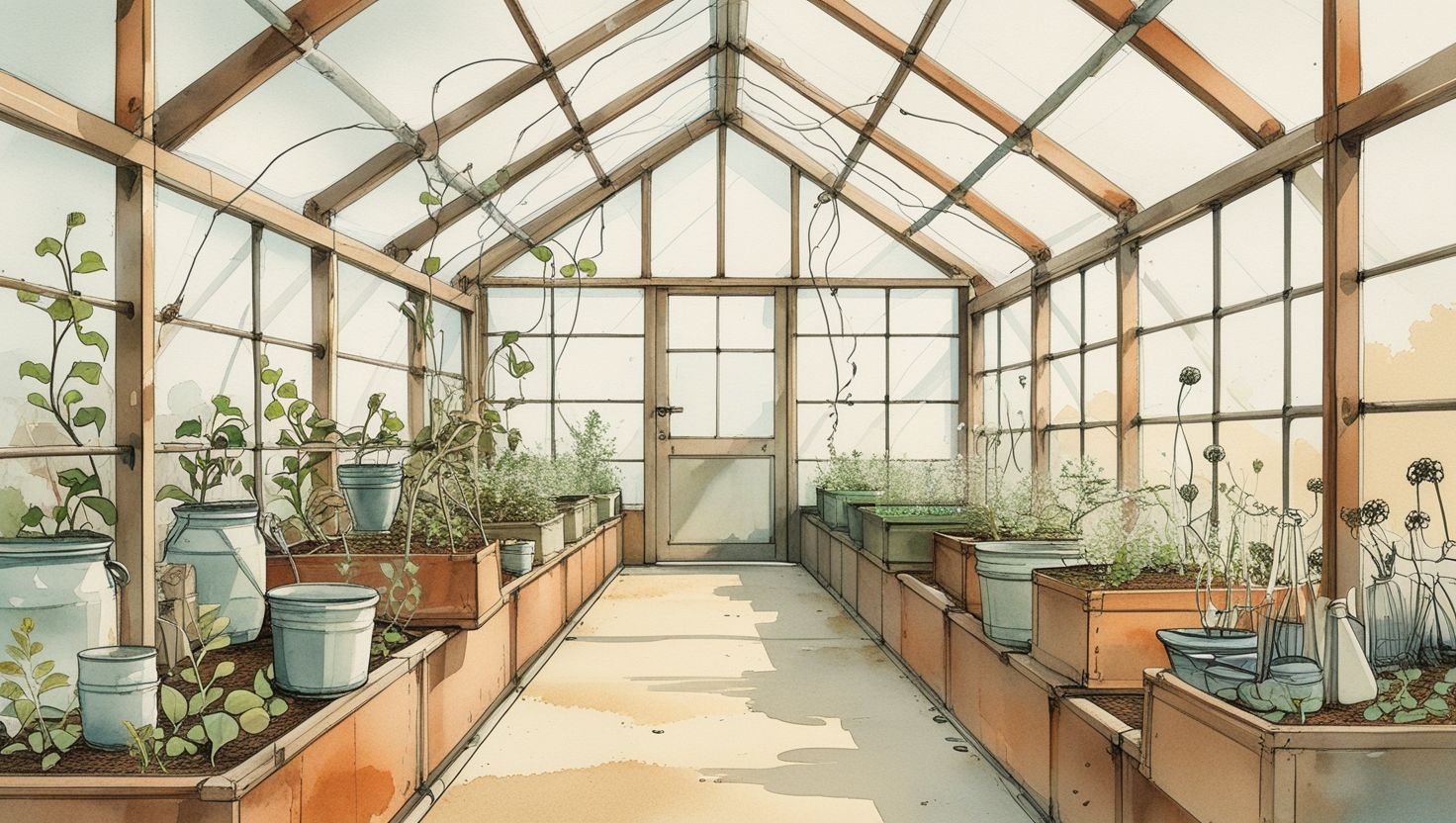 Aquarell-Gewächshaus in organischen Formen — symbolisiert Zielkultur in Organisationen