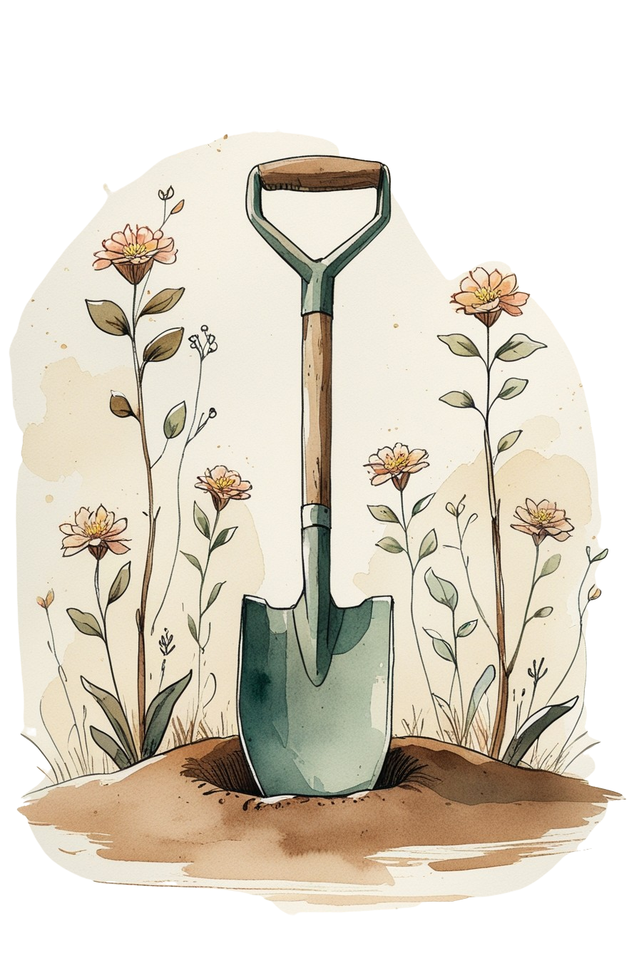 Titelbild: Zeitlos Handeln – Aquarell einer Schaufel zwischen Blumen